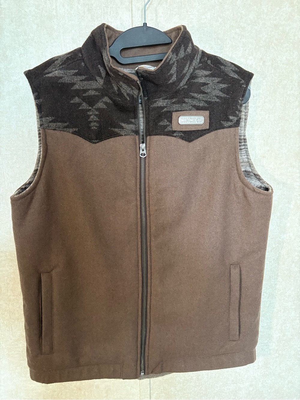 Cinch Brown Patterned Yoke Zip-Front Vest
